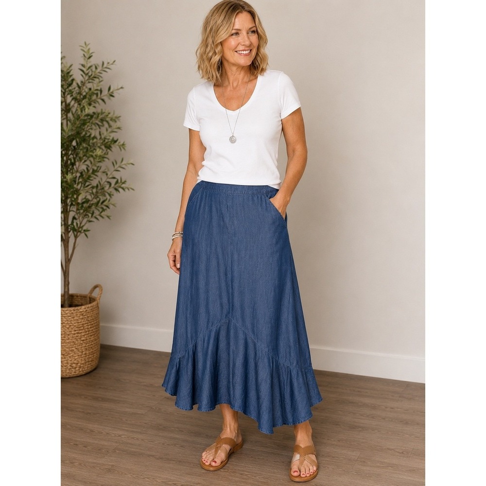 Coldwater Creek Blue Tencel Lyocell Maxi Skirt Ruffle Hem Pockets 1X H10931